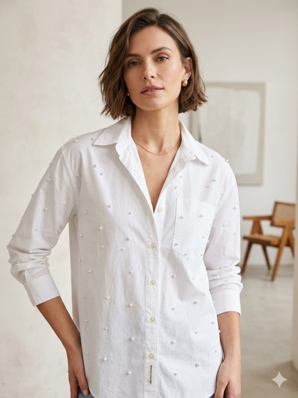 beachlunchlounge White Pearl-Studded Button-Down Shirt
